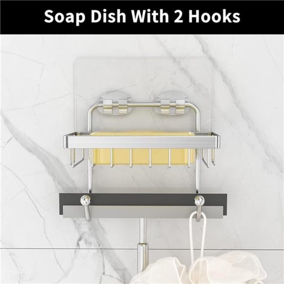 Silver Shower Organizer Shower Caddy Basket with Hooks Soap Dish Holder Shelf - Picture 2 of 7